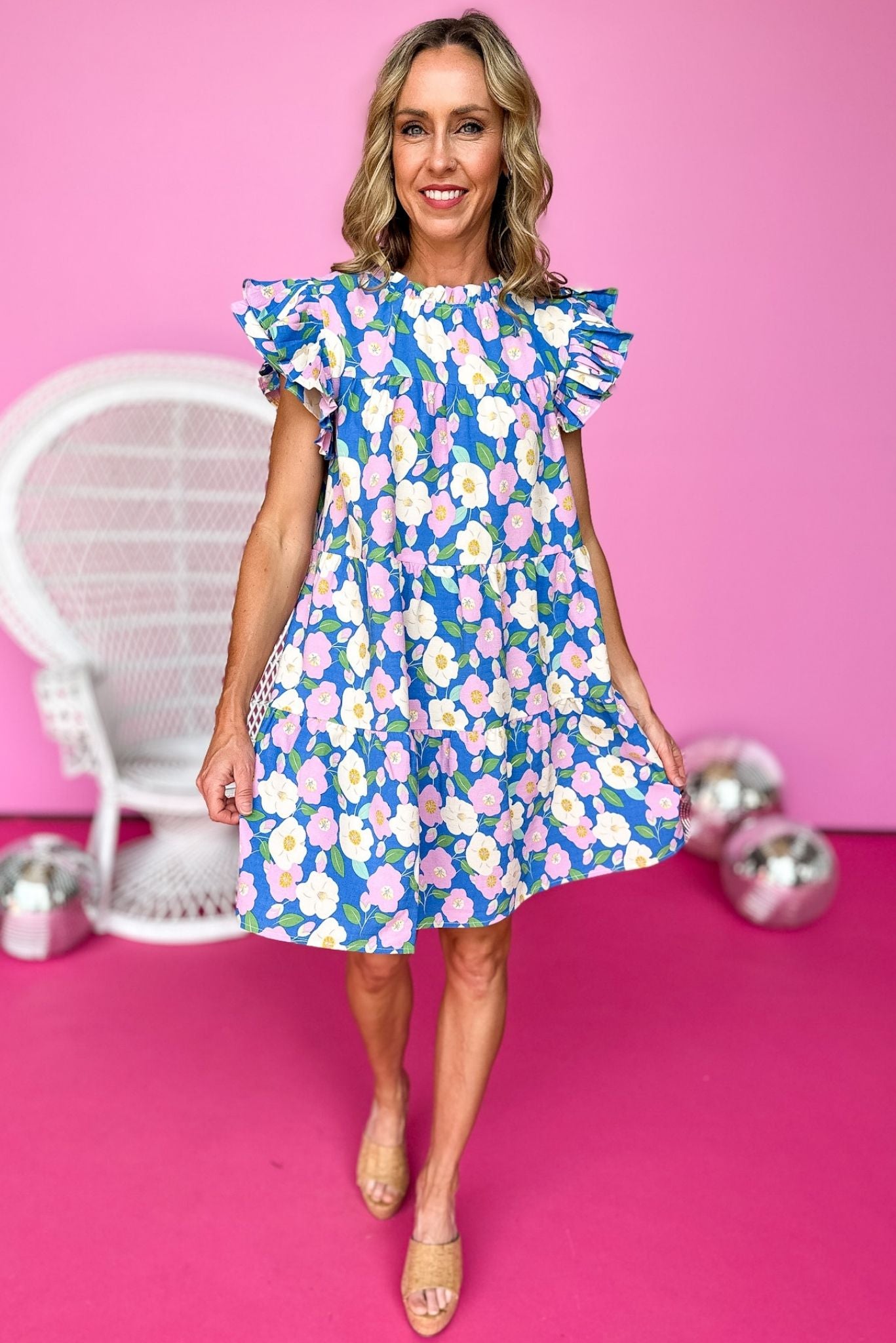 Load image into Gallery viewer, Blue Pink Floral Frill Neck Ruffle Sleeve Shift Dress
