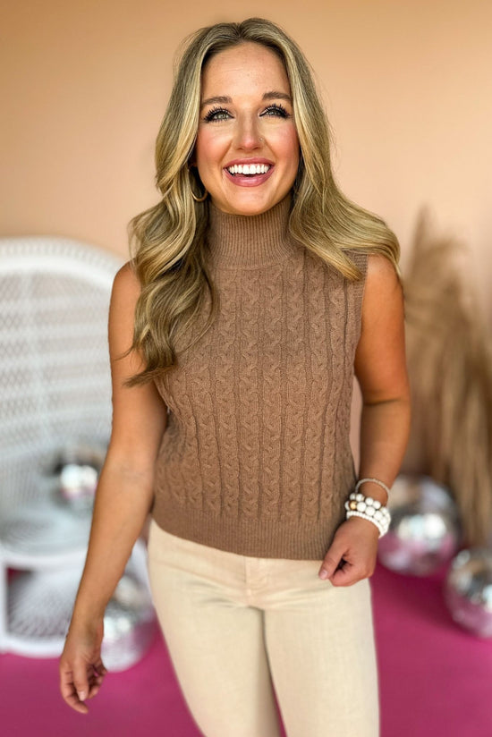Camel Cable Knit Turtleneck Sleeveless Sweater Vest, elevated style, elevated sweater, sweater vest, must have style, must have sweater vest, fall fashion, fall top, fall family photos, mom style, shop style your senses by mallory fitzsimmons