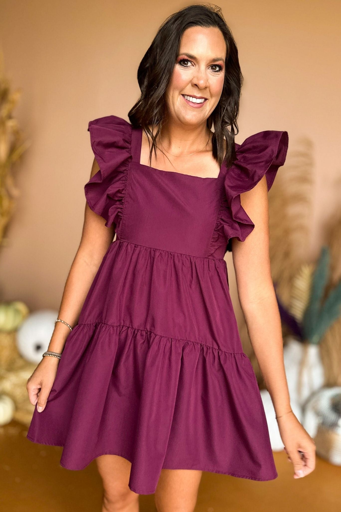Load image into Gallery viewer,  Purple Ruffle Sleeve Baby Doll Tiered Dress, must have dress, must have style, fall style, fall fashion, elevated style, elevated dress, mom style, fall collection, fall dress, shop style your senses by mallory fitzsimmons
