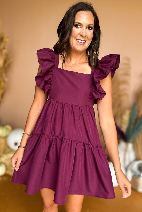 Load image into Gallery viewer,  Purple Ruffle Sleeve Baby Doll Tiered Dress, must have dress, must have style, fall style, fall fashion, elevated style, elevated dress, mom style, fall collection, fall dress, shop style your senses by mallory fitzsimmons

