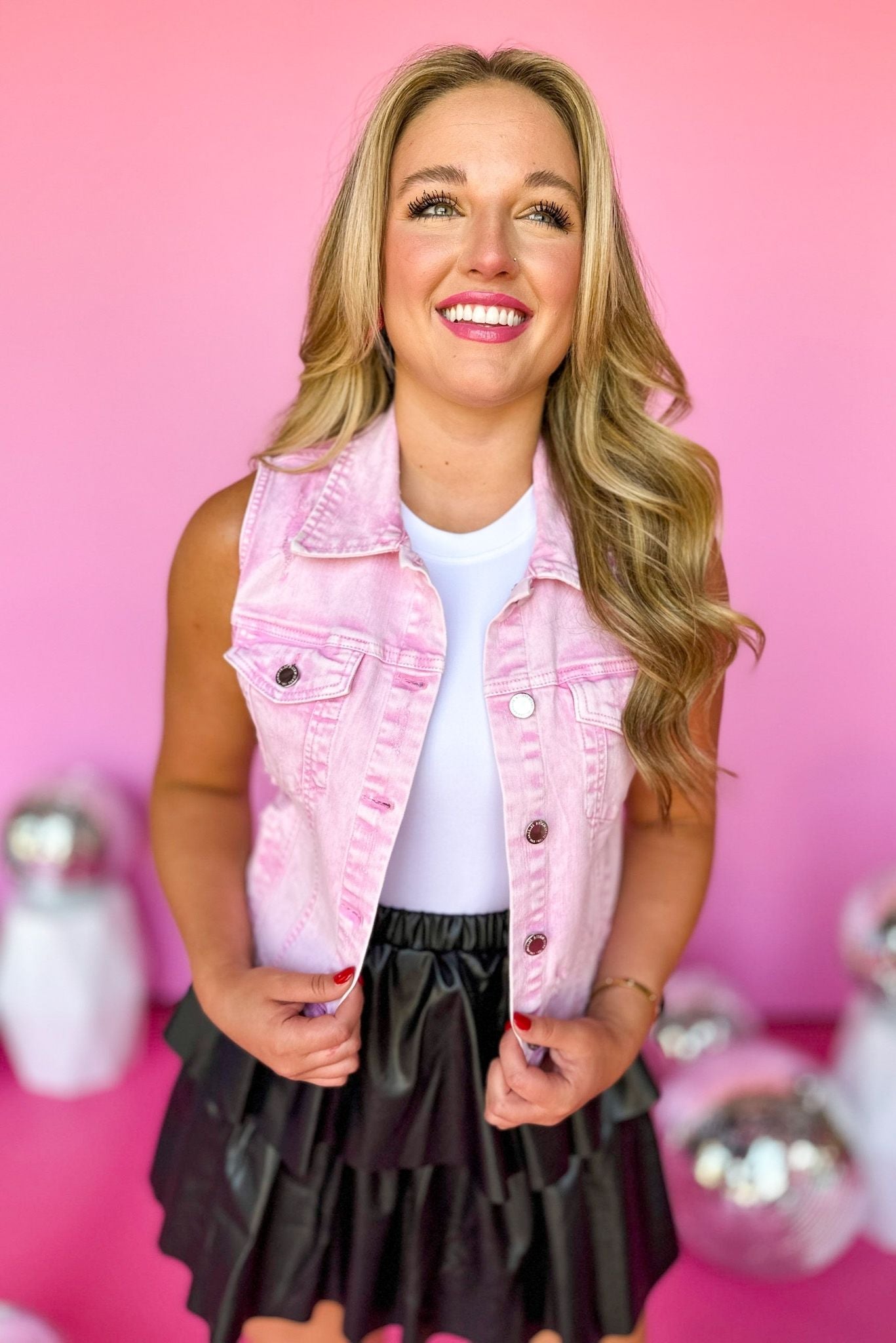 Risen Pink Acid Wash Distressed Denim Vest, risen denim vest, pink denim vest, elevated style, street style, shop style your senses by mallory fitzsimmons