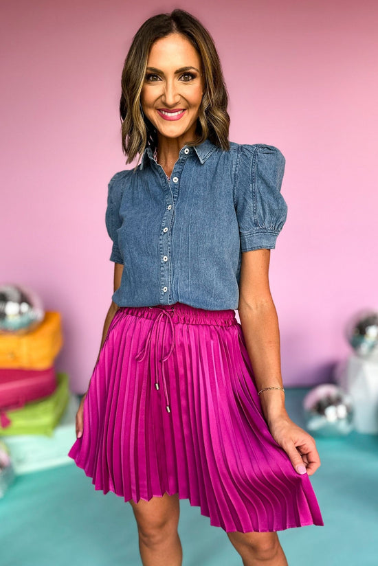 Dark Denim Chambray Button Front Puff Short Sleeve Top, denim top, elevated style, mom style, shop style your senses by mallory fitzsimmons