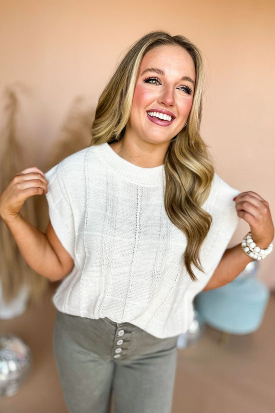 Load image into Gallery viewer, Cream Cable Knit Sweater Vest, mom style, mom chic, carpool chic, elevated style, fall style, fall top, must have style, must have top, transition piece, closet staple, shop style your senses by mallory fitzsimmons
