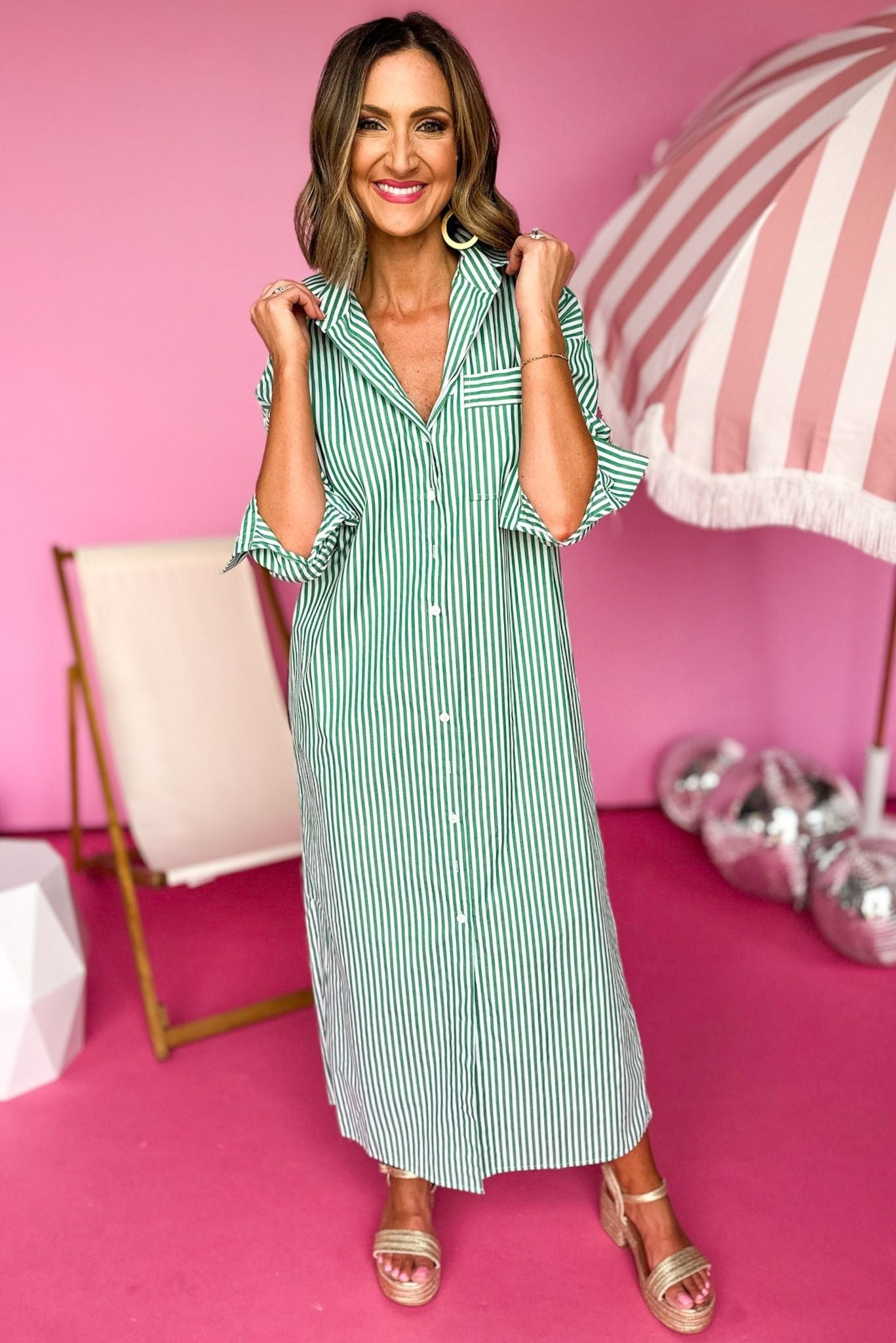Load image into Gallery viewer, Karlie Green Striped Poplin Shirt Maxi Dress, collar detail, functional buttons, summer style, summer dress, must have, poplin, shop style your senses by mallory fitzsimmons
