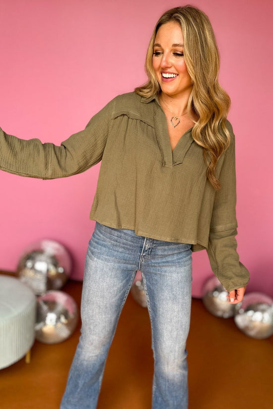 Olive Green Split Neck Collared Long Sleeve Top, must have top, must have style, must have fall, fall collection, fall fashion, elevated style, elevated top, mom style, fall style, shop style your senses by mallory fitzsimmons