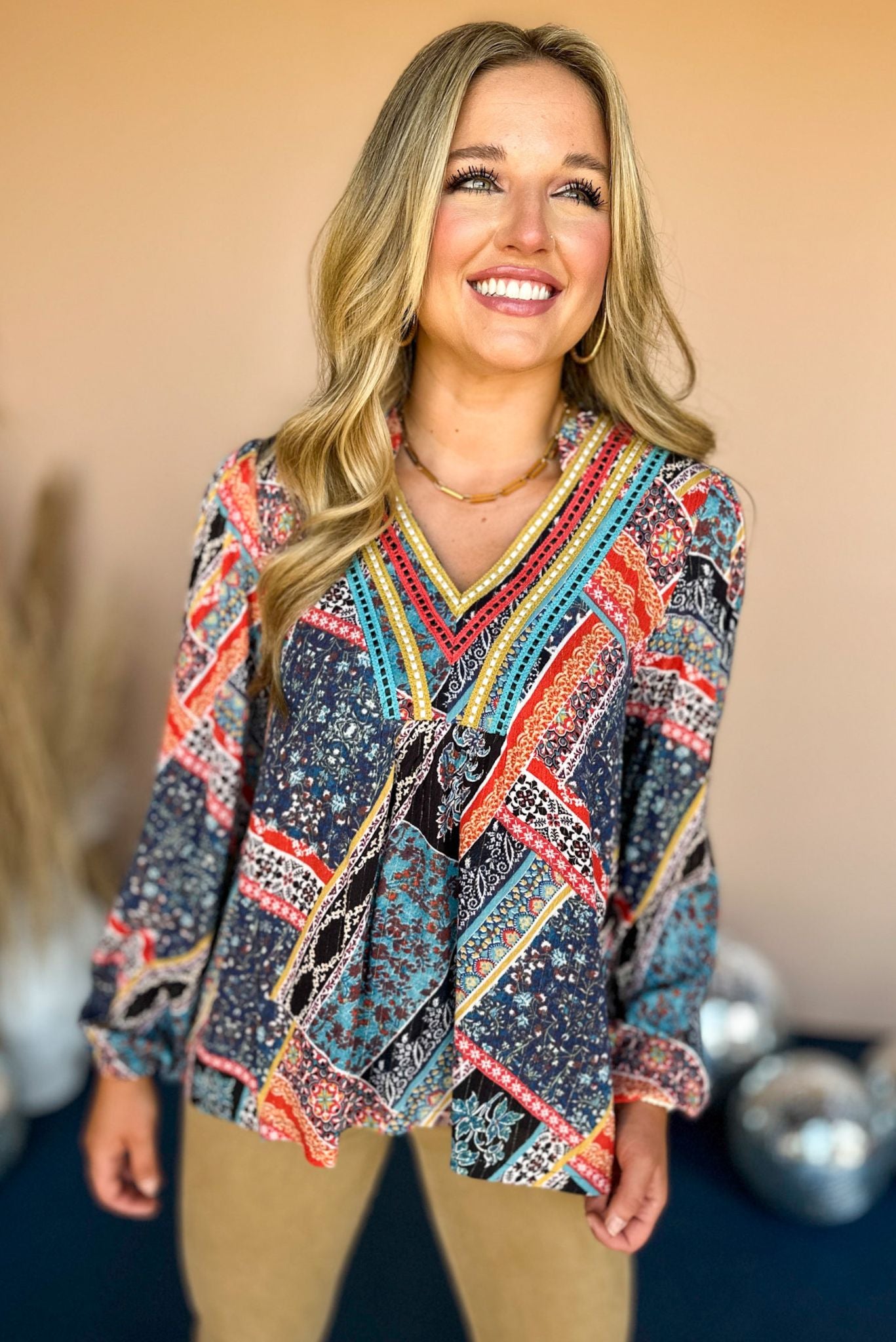 Load image into Gallery viewer, Black Patchwork Printed Lurex Split Neck Long Sleeve Top, printed top, must have top, must hve print, must have fall, fall fashion, fall top, fall style, elevated style, elevated top, shop style your senses by mallory fitzsimmons
