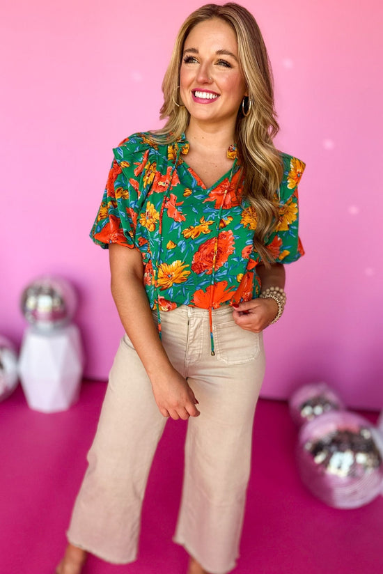 Green Floral Printed Satin V Neck Puff Sleeve Tie Neck Top, summer top, floral top, tie top, must have, mom style, elevated style, shop style your senses by mallory fitzsimmons