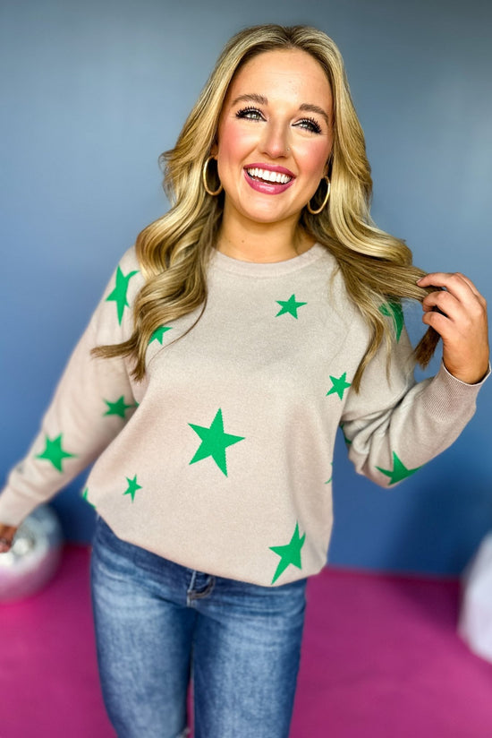 Load image into Gallery viewer,  Green Star Pattern Round Neck Sweater, elevated style, elevated sweater, must have sweater, must ahve print, fun mom style, fun mom sweater, fall style, fall sweater, shop style your senses by mallory fitzsimmons
