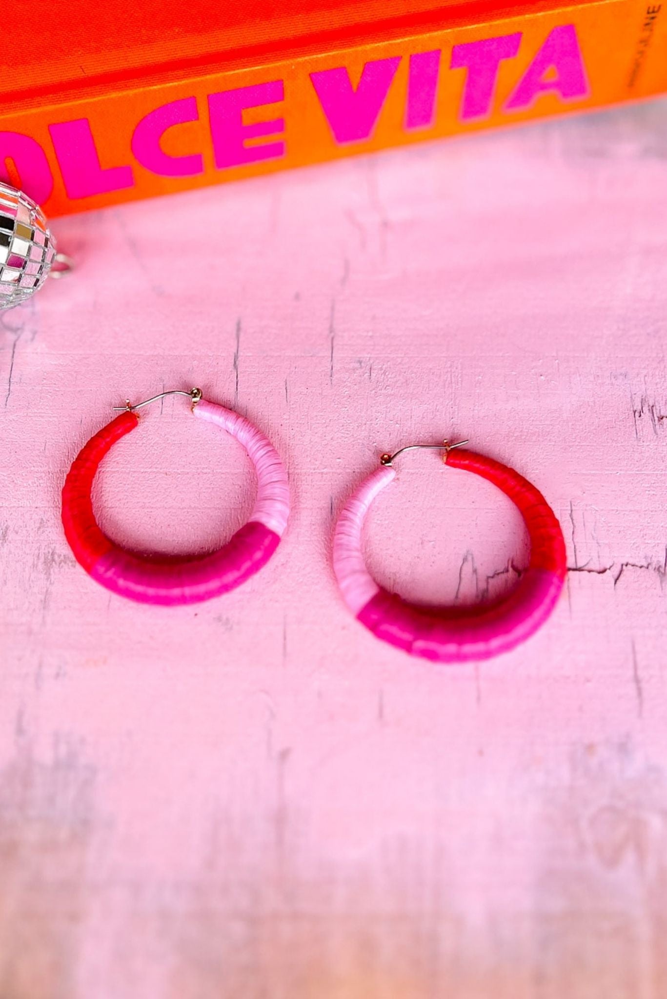 Pink Red Raffia Wrapped Hoop Pin Catch Earrings, raffia, colorblock, summer style, must have, shop style your senses by mallory fitzsimmons