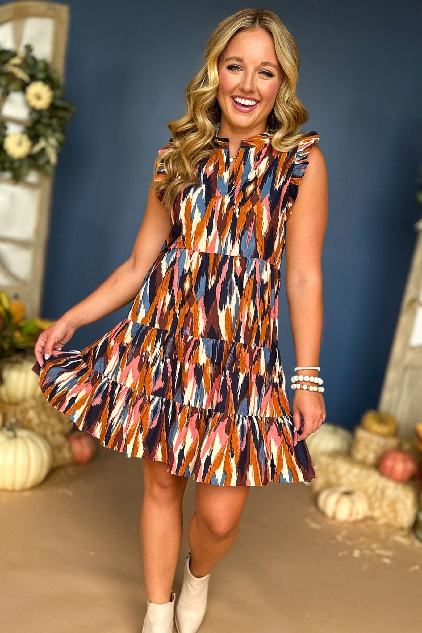 THML Brown Abstract Printed Tiered Ruffled Sleeve Dress, must have dress, must have style, fall style, fall fashion, elevated style, elevated dress, mom style, fall collection, fall dress, shop style your senses by mallory fitzsimmons