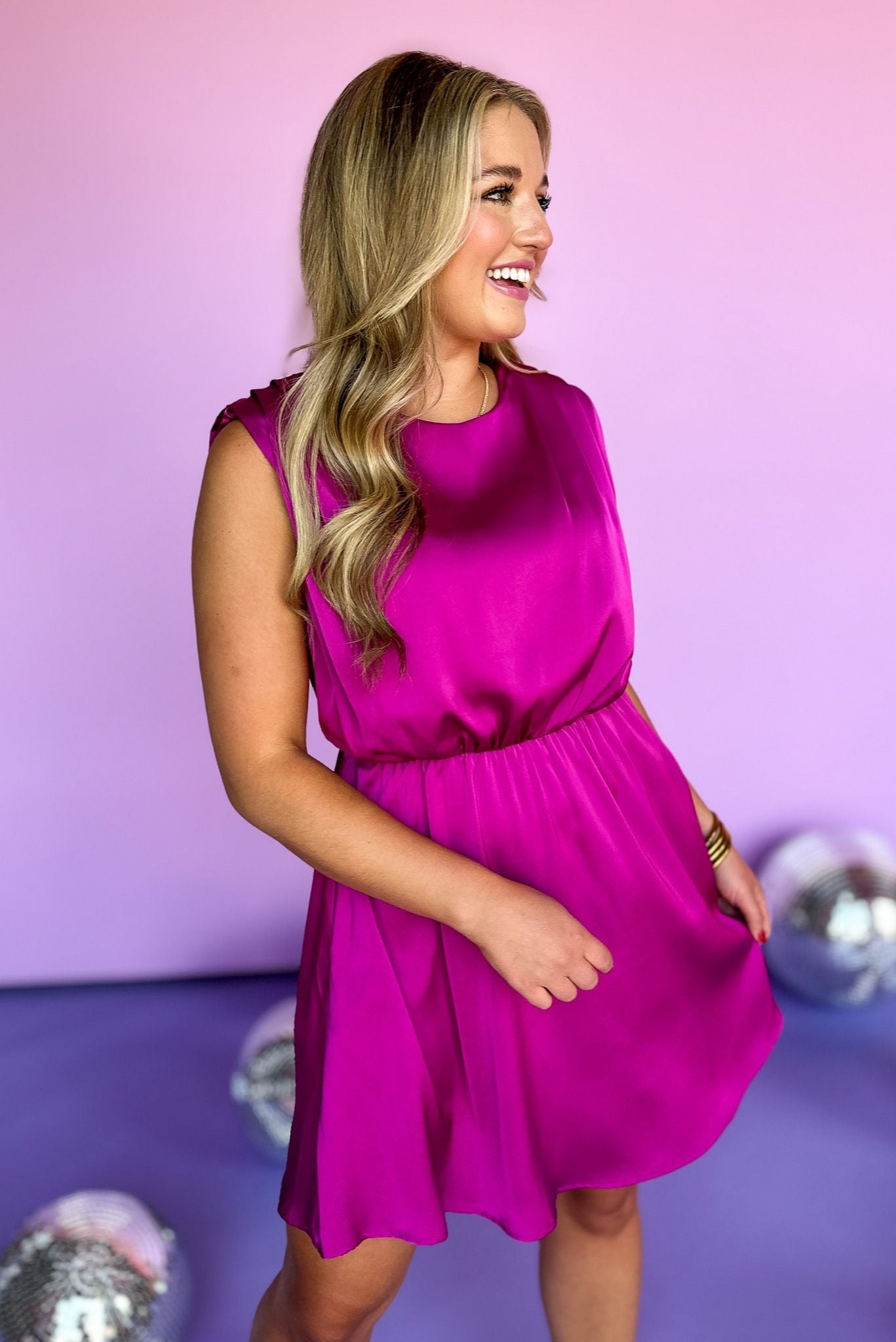 Magenta Elastic Waist Tucked Shoulder Sleeveless Dress, evening dress, date night dress, elevated style, Shop style your senses by Mallory Fitzsimmons
