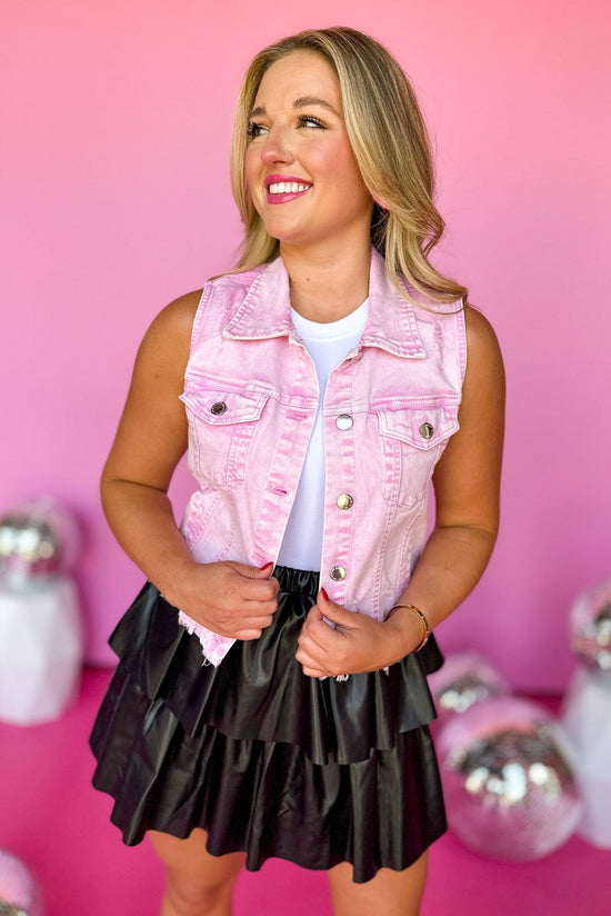Load image into Gallery viewer,  Risen Pink Acid Wash Distressed Denim Vest, risen denim vest, pink denim vest, elevated style, street style, shop style your senses by mallory fitzsimmons
