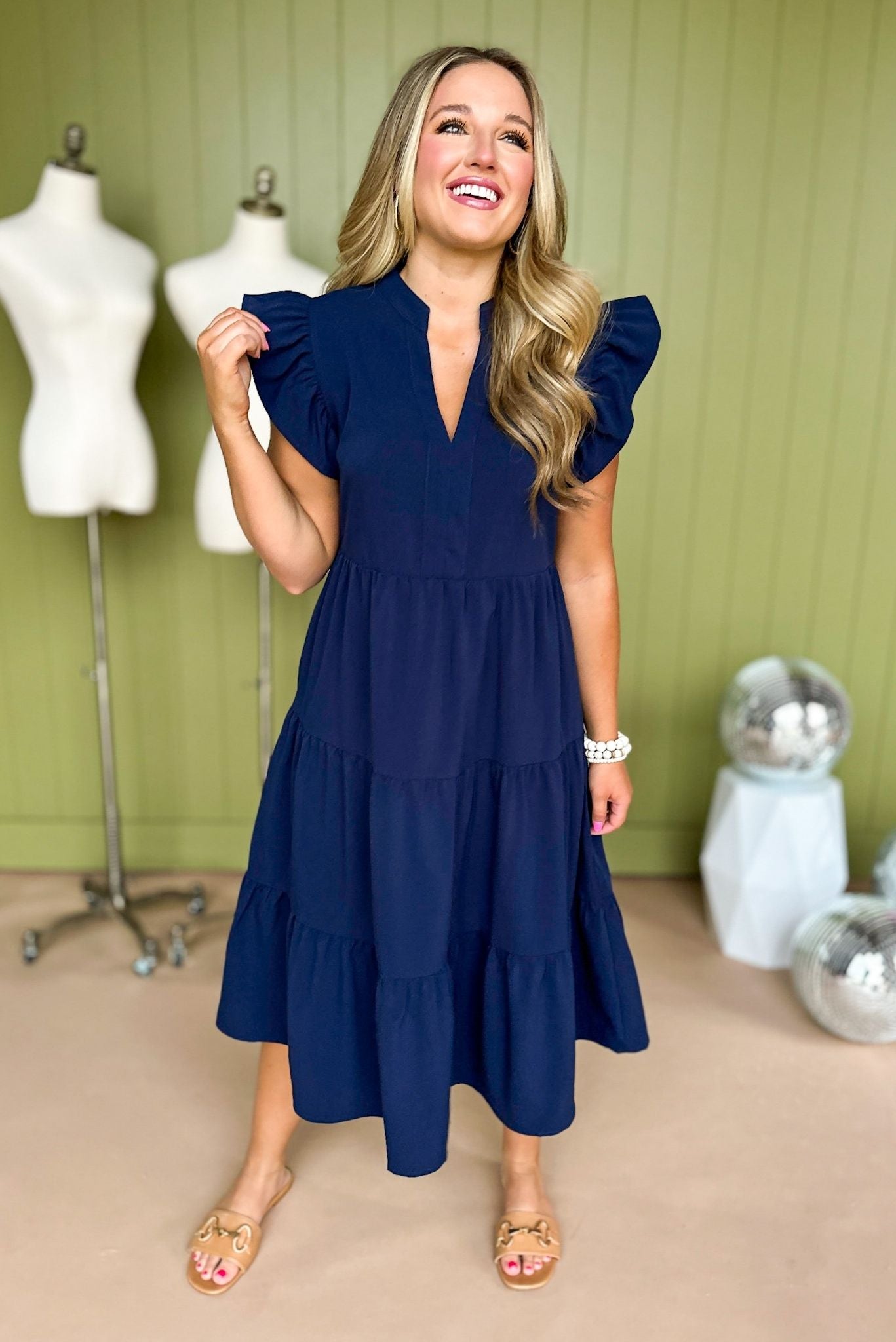 Load image into Gallery viewer, Navy V Neck Flutter Sleeve Tiered Midi Dress, must have dress, must have midi dress, elevated style, mom style, summer to fall dress, summer to fall style, transitional piece, shop style your senses by mallory fitzsimmons
