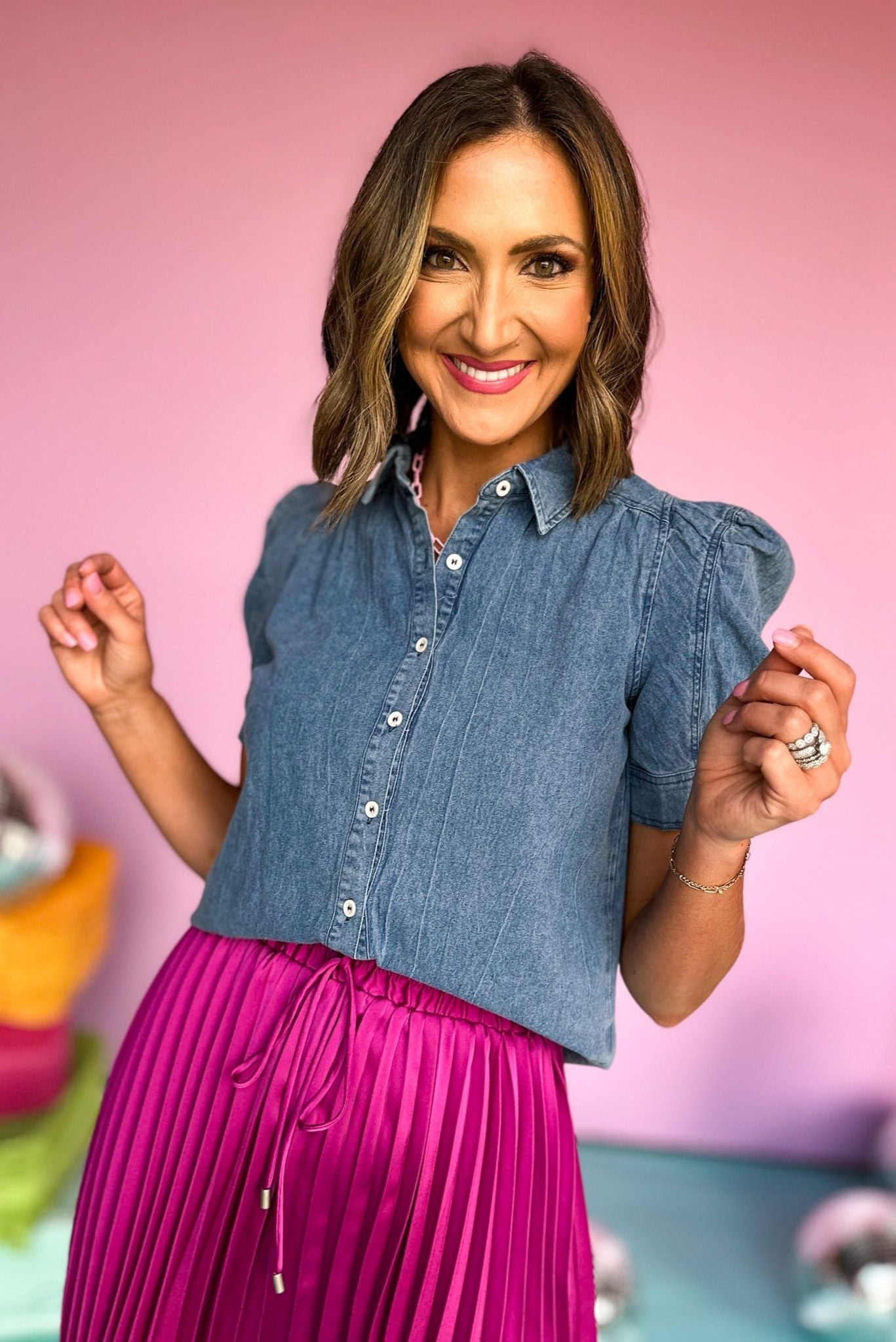 Dark Denim Chambray Button Front Puff Short Sleeve Top, denim top, elevated style, mom style, shop style your senses by mallory fitzsimmons