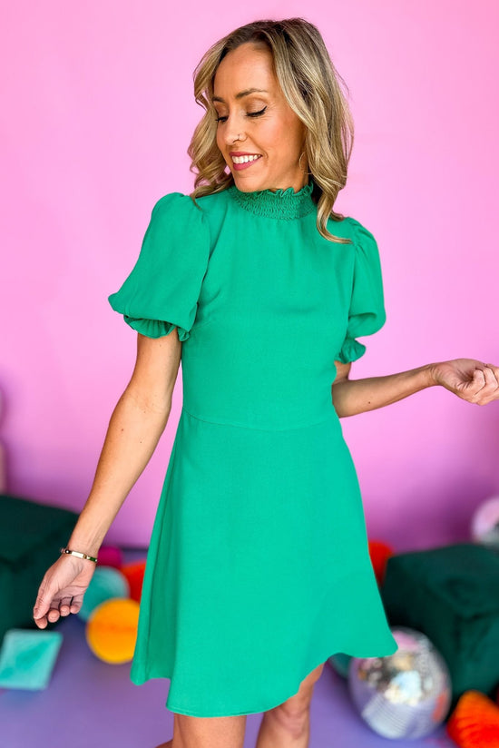 kelly green Frilled High Neck Ruffled Edge Short Sleeve Dress, spring dress, new arrival, mini dress, must have, flirty dress, shop style your senses by mallory fitzsimmons