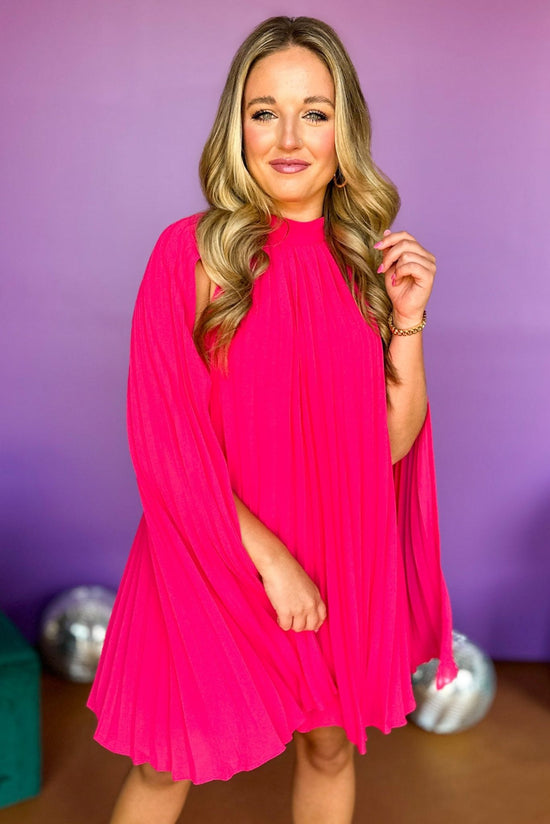 Fuchsia Pleated Mock Neck Cape Dress, must have dress, wedding guest dress, wedding guest style, best dressed, elevated style, chic style, cape dress, shop style your senses by mallory fitzsimmons