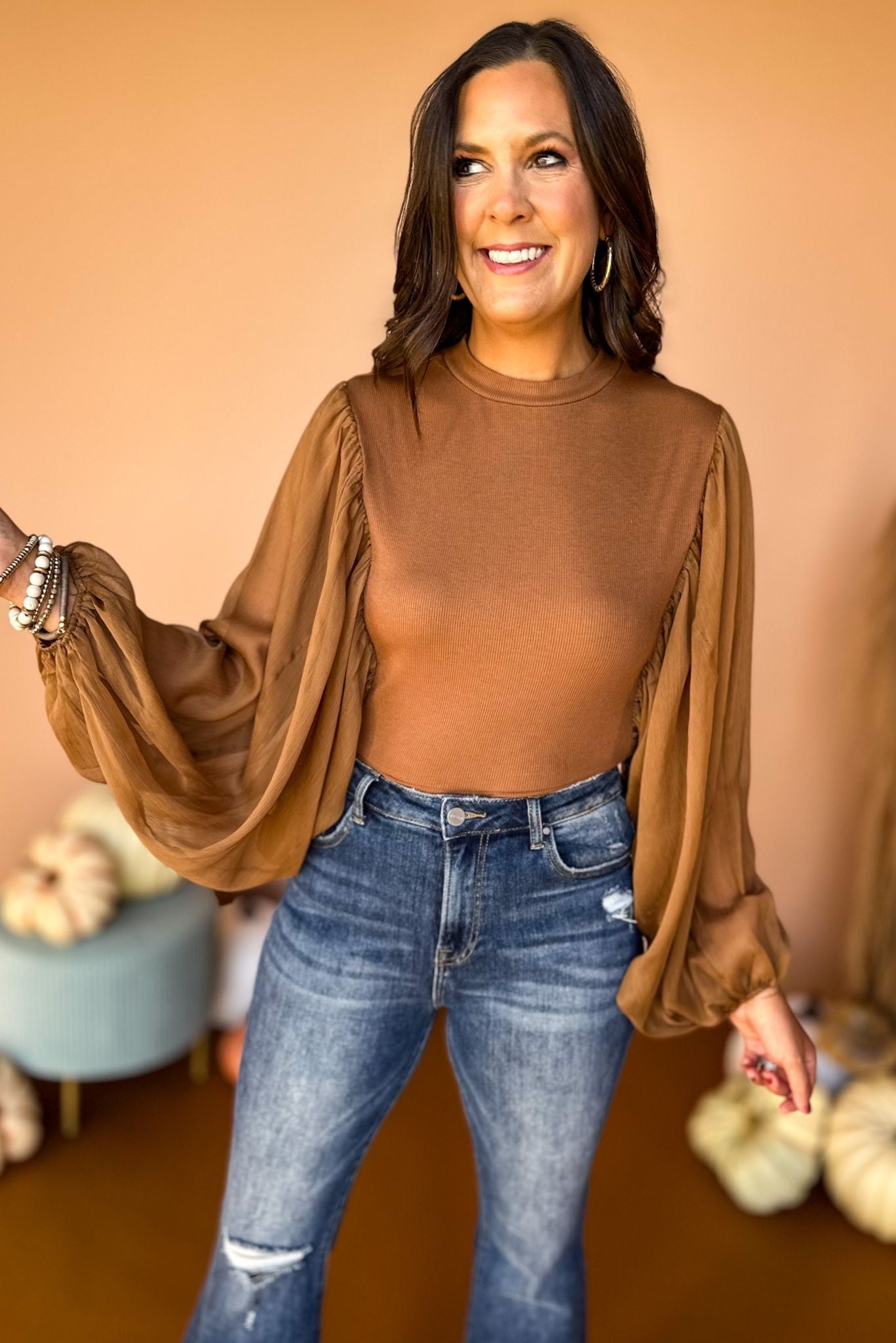  Brown Long Puff Sleeve Woven Top, must have top, must have style, must have fall, fall collection, fall fashion, elevated style, elevated top, mom style, fall style, shop style your senses by mallory fitzsimmons