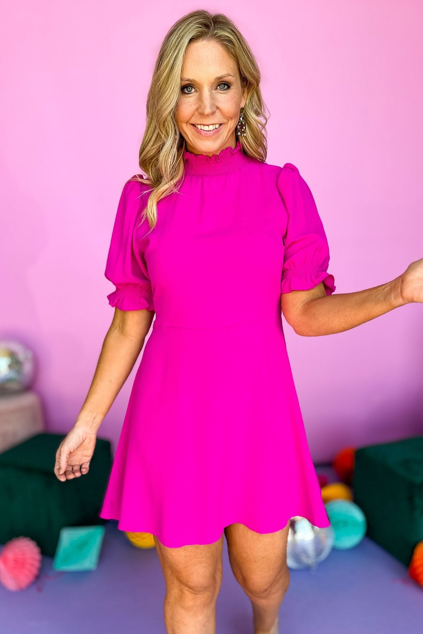 Magenta Frilled High Neck Ruffled Edge Short Sleeve Dress, spring dress, new arrival, mini dress, must have, flirty dress, shop style your senses by mallory fitzsimmons