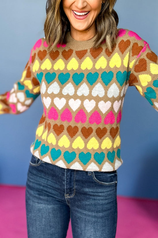 Mocha Multi Color Heart Knit Long Sleeve Sweater, elevated style, elevated sweater, must have sweater, must have style, must have print, printed sweater, heart sweater, fall style, fall fashion, mom style, fun mom sweater, shop style your senses by mallory fitzsimmons