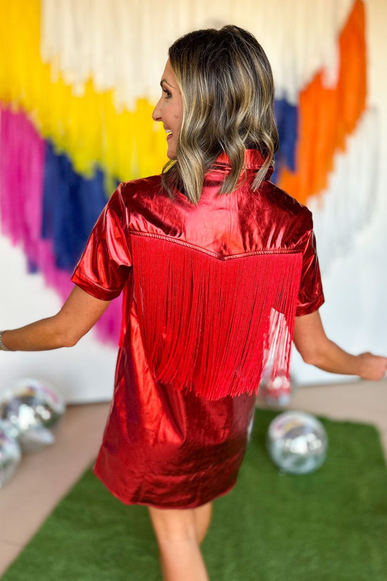Red Faux Metallic Leather Fringe Detail Dress, game day, game day dress, game day style, elevated style, gameday, gameday style, gameday dress, texas tech style, alabama style, georgia style, must have gameday, shop style your senses by mallory fitzsimmons