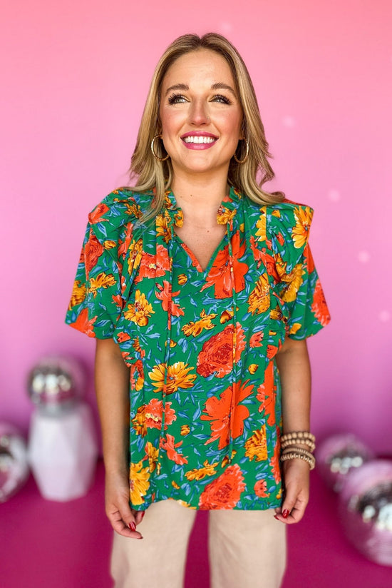 Green Floral Printed Satin V Neck Puff Sleeve Tie Neck Top, summer top, floral top, tie top, must have, mom style, elevated style, shop style your senses by mallory fitzsimmons