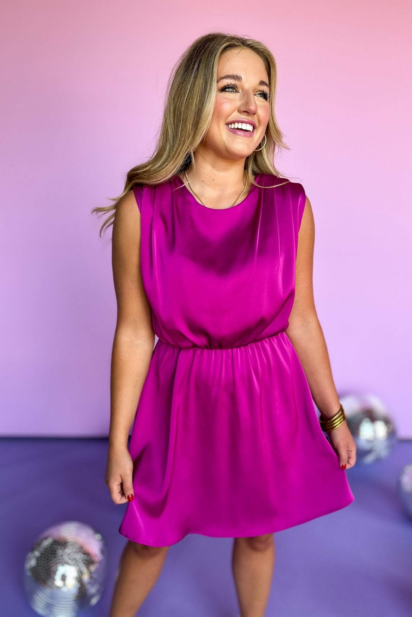 Magenta Elastic Waist Tucked Shoulder Sleeveless Dress, evening dress, date night dress, elevated style, Shop style your senses by Mallory Fitzsimmons