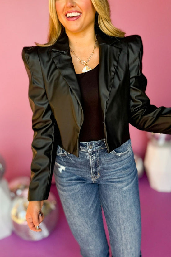 Black Faux Leather Pointed Shoulder Blazer, must have jacket, must have design, fall fashion, fall jacket, elevated style, fall style, elevated jacket, mom style, shop style your senses by mallory fitzsimmons