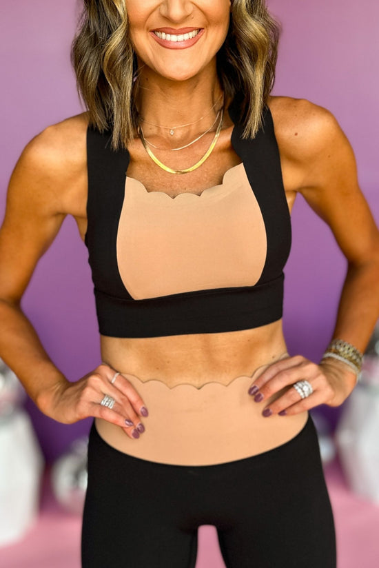Load image into Gallery viewer,  SSYS Black Taupe Colorblock Scallop Longline Sports Bra Version 2, elevated sports bra, stylish sports bra, matching set, elevated style, mom style, ssys the label, shop style your senses by mallory fitzsimmons
