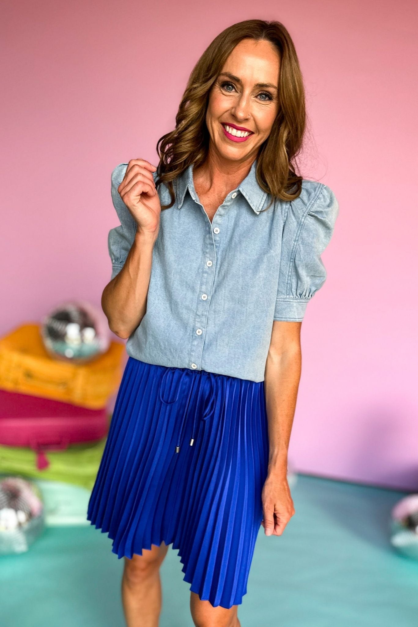 Light Denim Chambray Button Front Puff Short Sleeve Top, denim top, elevated style, mom style, shop style your senses by mallory fitzsimmons