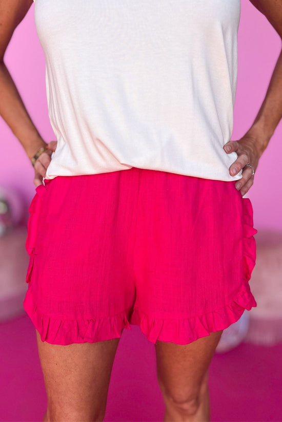 Load image into Gallery viewer, hot pink Linen Ruffle Hem Elastic Waist Shorts, linen, ruffle detail, summer shorts, new arrival, lightweight, shop style your senses by mallory fitzsimmons
