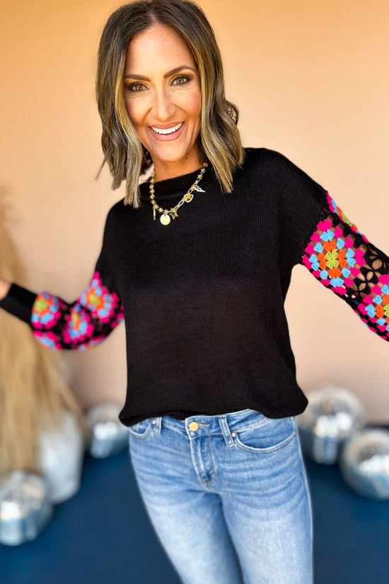 Black Knit Crochet Long Sleeve Sweater, elevated style, elevated top, crochet top, crochet sleeve, must have top, must have style, must have fall, fall style, shop style your senses by mallory fitzsimmons