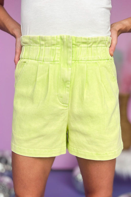 Lime Green Paperbag Zipper Front Denim Shorts, papaerbag, new arrivals, elastic band, zipper front, must have, shop style your senses by mallory fitzsimmons