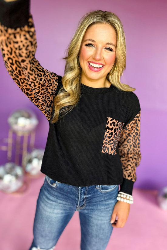 black animal printed long sleeve pocket detail top, fall top, new arrival, easy to wear, mom style, everyday wear, shop style your senses by mallory fitzsimmons