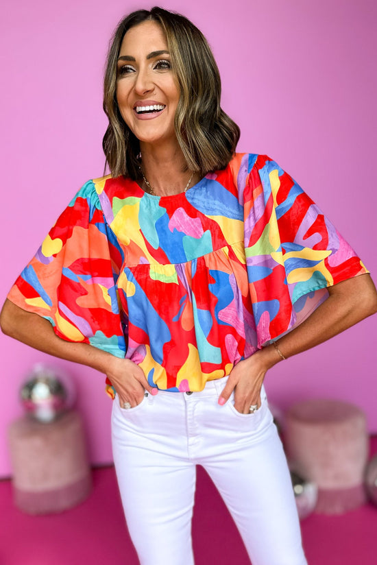 Red Abstract Printed Pleated Short Flutter Sleeve Top, new arrival, flutter sleeve, abstract print, summer style, must have, shop style your senses by mallory fitzsimmons