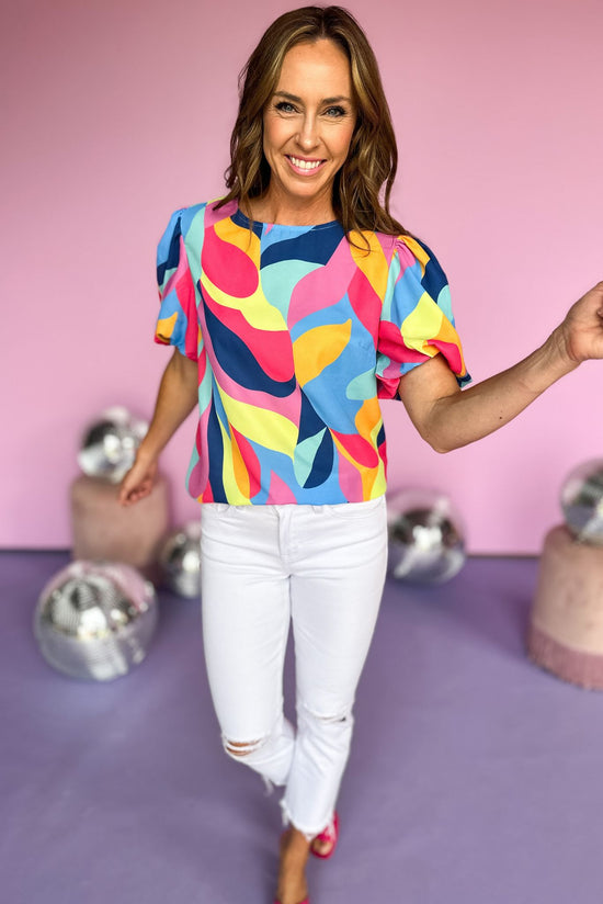 Blue abstract printed short puff sleeve top, summer print, bold colors, workwear, mom style, transitional piece, shop style your senses by mallory fitzsimmons
