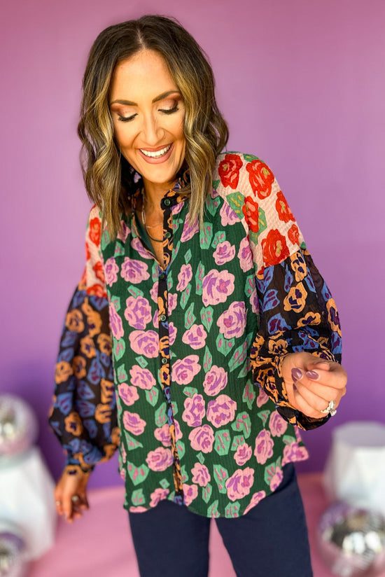 Green Colorblock Floral Printed Balloon Sleeve Top, elevated top, floral top, must have top, must have print, elevated style, mom style, fall style, fall top. shop style your senses by mallory fitzsimmons