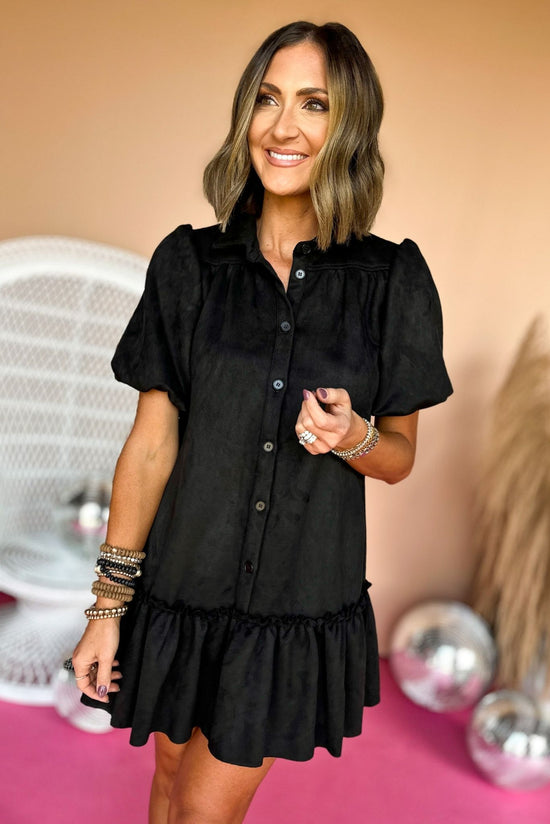 Load image into Gallery viewer, Black Faux Suede Button Down Puff Sleeve Dress, elevated dress, elevated style, must have dress, must have style, fall dress, fall fashion, family photos dress, mom style, shop style your senses by mallory fitzsimmons

