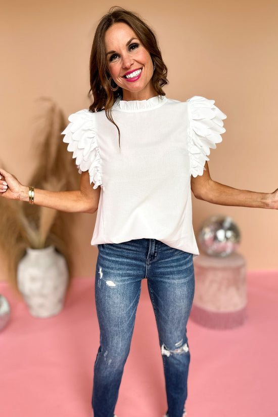 Load image into Gallery viewer, Off White Layered Scalloped Sleeve Top, ruffle sleeve, scallop sleeve, frill neck, off white, new arrival, shop style your senses by mallory fitzsimmons
