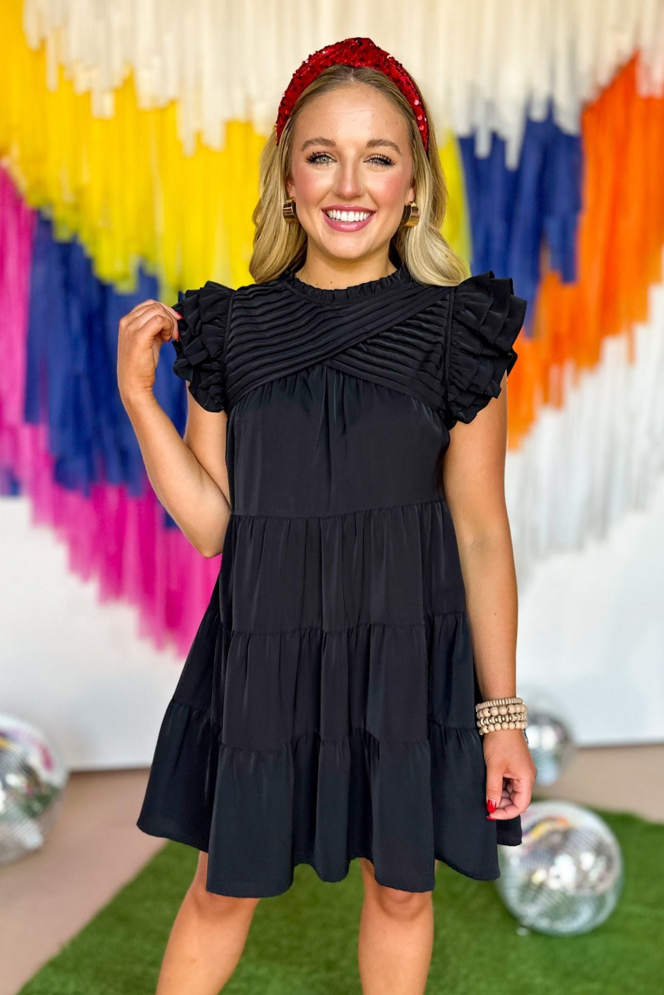 Load image into Gallery viewer, Black Cross Pleat Ruffle Sleeve Dress, gameday dress, game day dress, gameday style, game day chic, university of alabama, oklahoma university, texas tech university, must have, shop style your senses by mallory fitzsimmons
