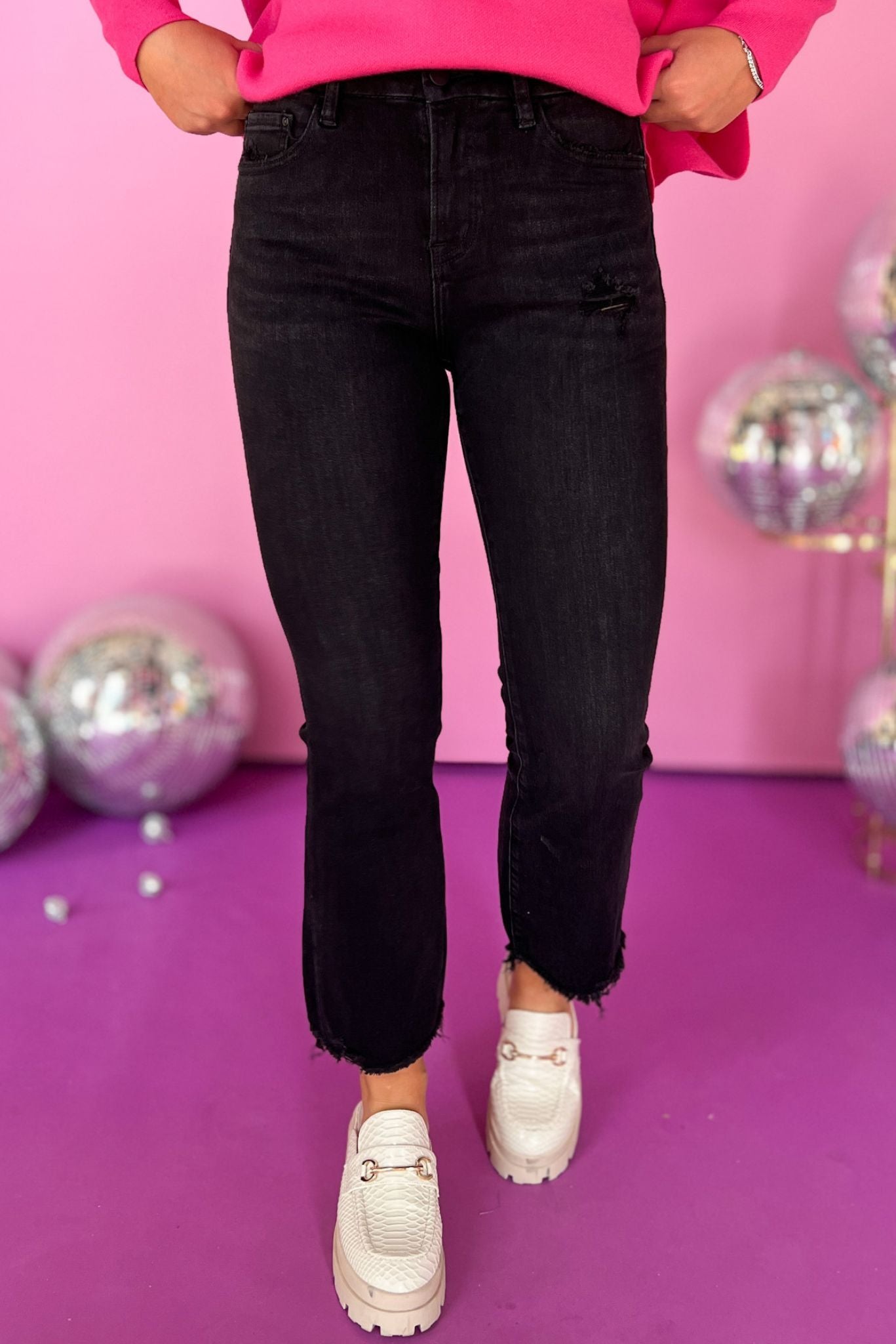 Load image into Gallery viewer,  Mica Black High Rise Cropped Raw Hem Flare Jeans, must have jeans, must have style, elevated style, elevated jeans, fall denim, fall fashion, fall style, mom style, black jeans, shop style your senses by mallory fitzsimmons
