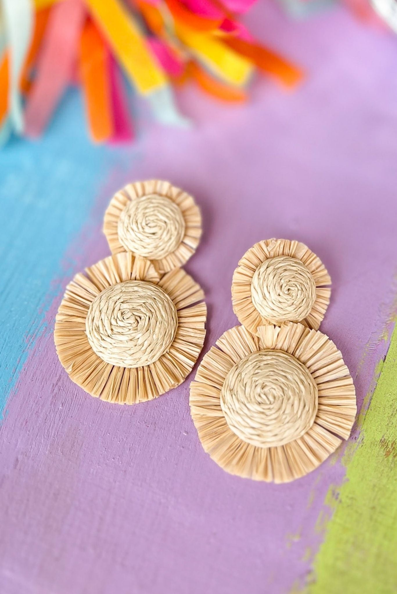Load image into Gallery viewer,  Tan Swirl Raffia Double Round Link Dangle Earrings, Accessory, Earrings, Shop Style Your Senses by Mallory Fitzsimmons
