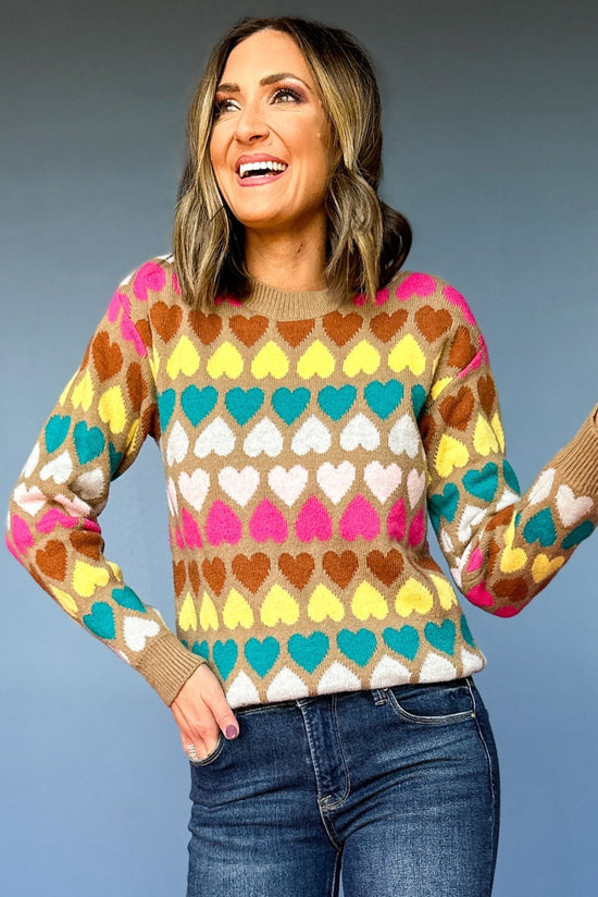 Mocha Multi Color Heart Knit Long Sleeve Sweater, elevated style, elevated sweater, must have sweater, must have style, must have print, printed sweater, heart sweater, fall style, fall fashion, mom style, fun mom sweater, shop style your senses by mallory fitzsimmons