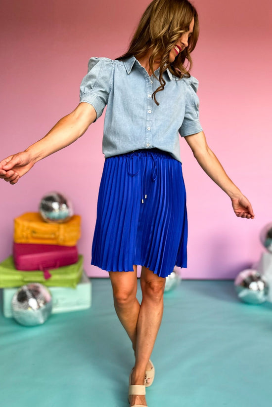 Load image into Gallery viewer, Royal Blue Pleated Drawstring Skirt, summer skirt, elevated style, summer style, shop style your senses by mallory fitzsimmons
