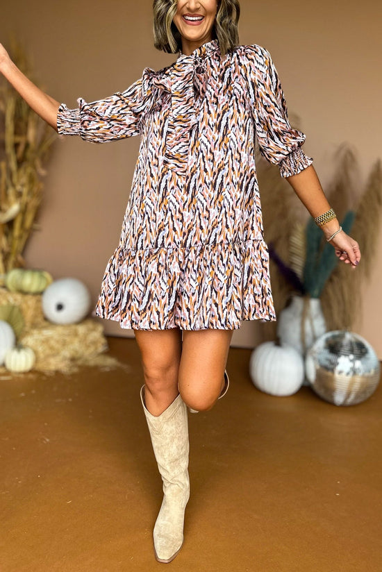 Camel Lilac Abstract Print Puff Sleeve Tiered Dress, must have dress, must have style, fall style, fall fashion, elevated style, elevated dress, mom style, fall collection, fall dress, shop style your senses by mallory fitzsimmons