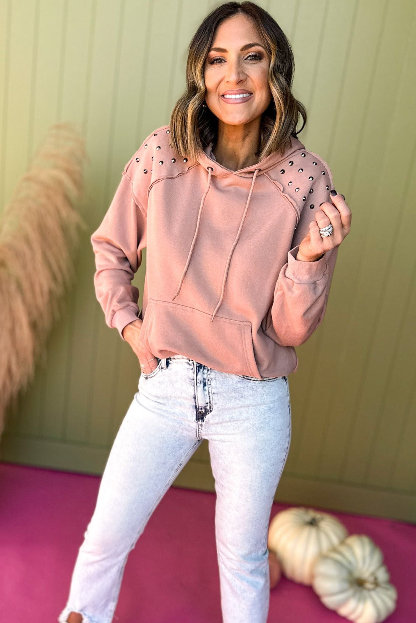 Mauve Stud Detail Hooded Sweatshirt, must have pullover, must have style, comfy style, fall style, fall fashion, affordable fashion, elevated pullover, elevated style, mom style, must have basic, elevated basic, shop style your senses by mallory fitzsimmons