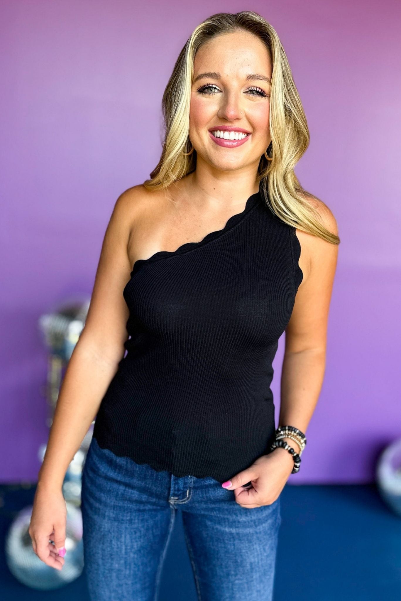 Black Scalloped One Shoulder Top, elevated top, elevaed style, must have top, must have style, fall top, mom style, fall fashion, date night top, date night style, night out top shop style your senses by mallory fitzsimmons