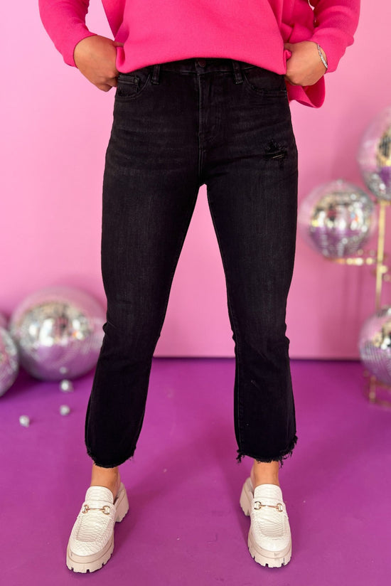Load image into Gallery viewer, Mica Black High Rise Cropped Raw Hem Flare Jeans, must have jeans, must have style, elevated style, elevated jeans, fall denim, fall fashion, fall style, mom style, black jeans, shop style your senses by mallory fitzsimmons

