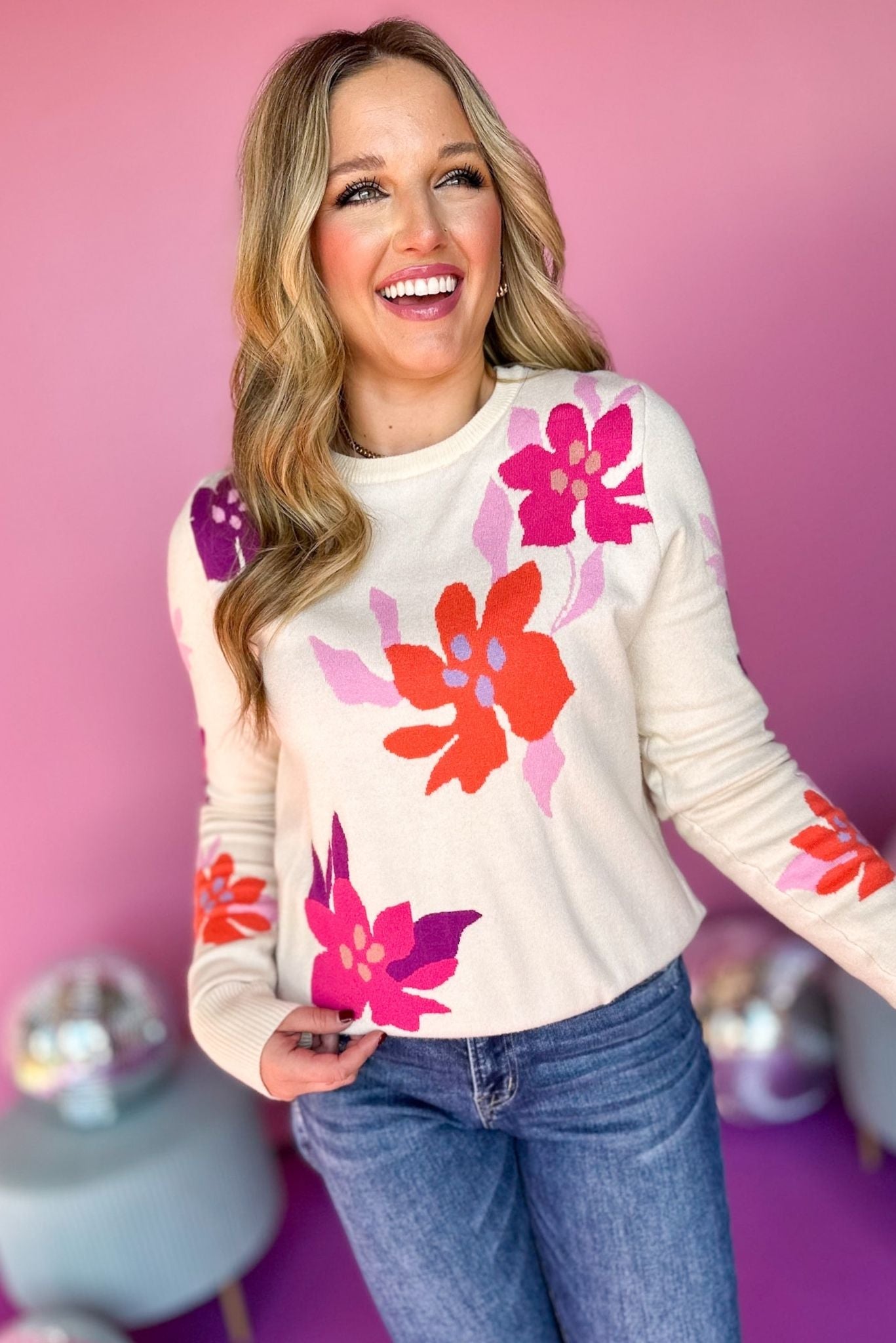 Load image into Gallery viewer, THML Cream Floral Printed Long Sleeve Sweater, must have sweater, must have style, must have fall, fall collection, fall fashion, elevated style, elevated sweater, mom style, fall style, shop style your senses by mallory fitzsimmons
