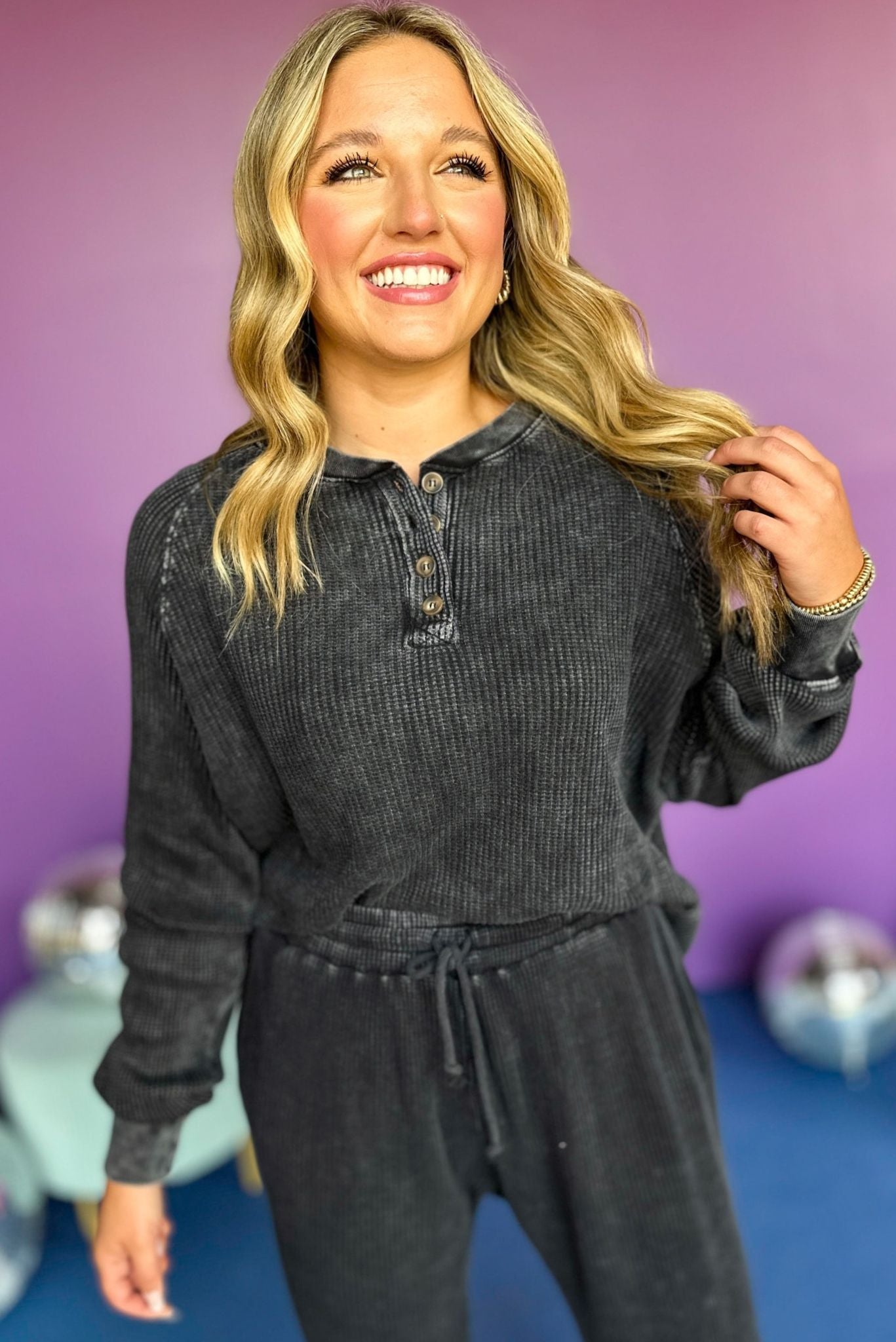 Black Waffle Knit Raglan Sleeve Henley Top, must have top, must have style, must have fall, fall collection, fall fashion, elevated style, elevated top, mom style, fall style, shop style your senses by mallory fitzsimmons