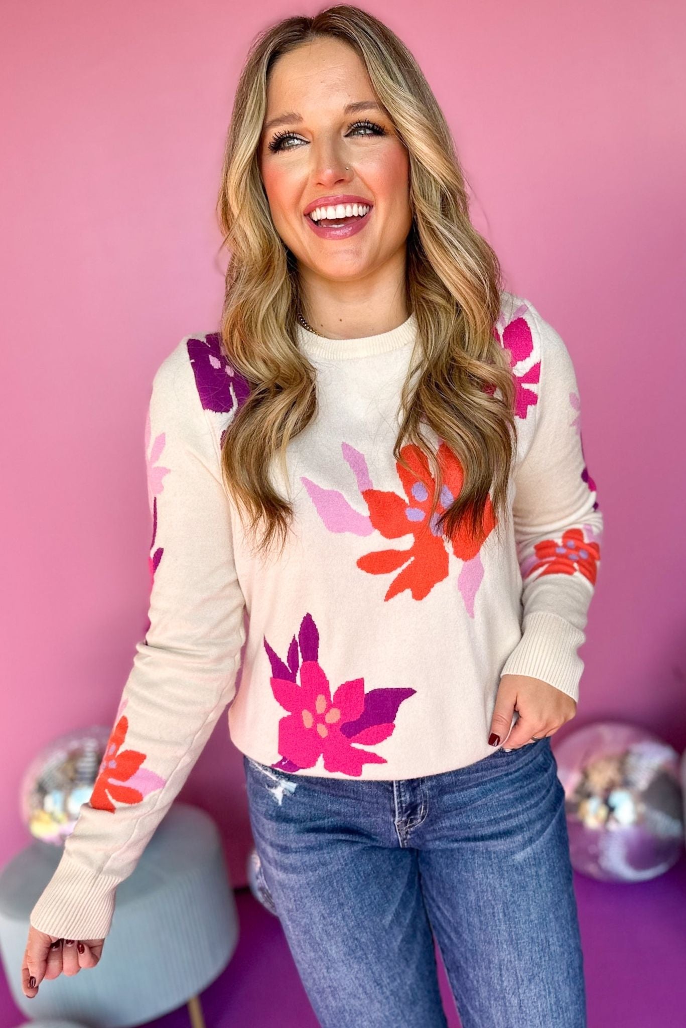 Load image into Gallery viewer,  THML Cream Floral Printed Long Sleeve Sweater, must have sweater, must have style, must have fall, fall collection, fall fashion, elevated style, elevated sweater, mom style, fall style, shop style your senses by mallory fitzsimmons
